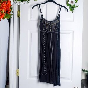 Boho Black Dress Embroidered Babydoll Metallic Coin Detailing